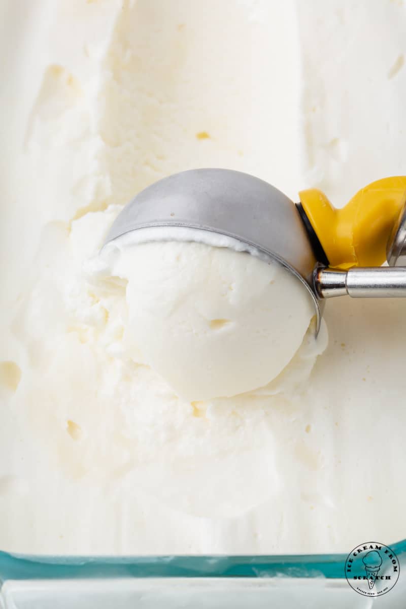 a glass pan filled with homemade vanilla ice cream. An ice cream scoop is pulling up a scooop