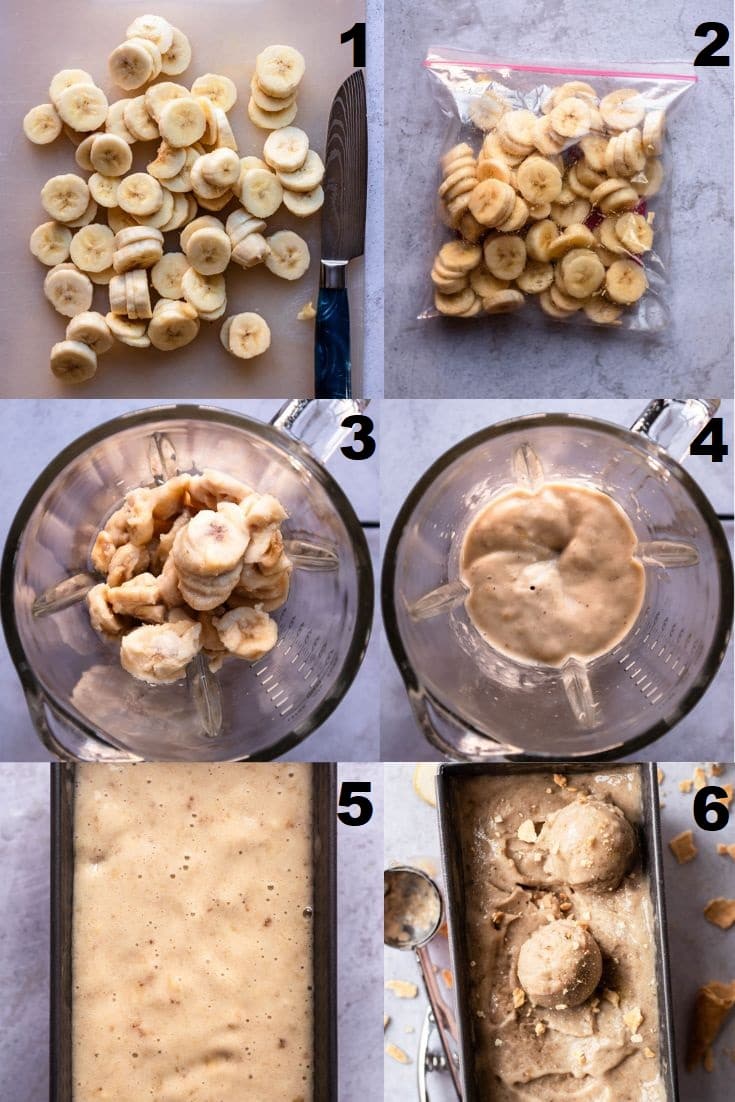 a collage of six images showing how to make ice cream with frozen bananas in a blender.