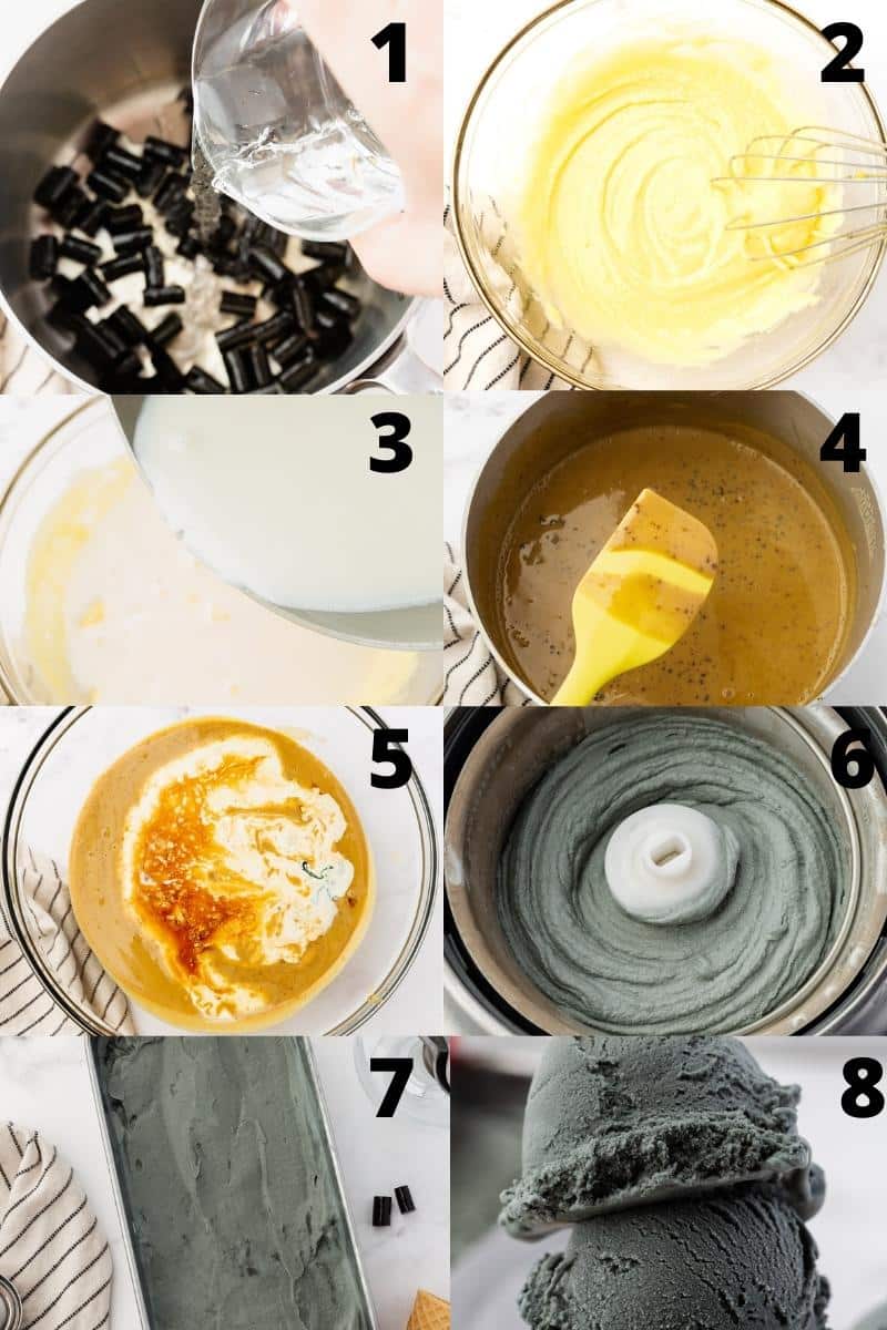 a collage of 8 images showing how to make ice cream from black licorice and churn it in an ice cream maker.