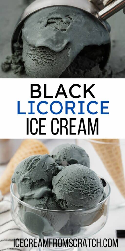 Two photos of inky black, black licorice ice cream. A white text box in the center reads, "black Licorice Ice Cream" in capital letters.