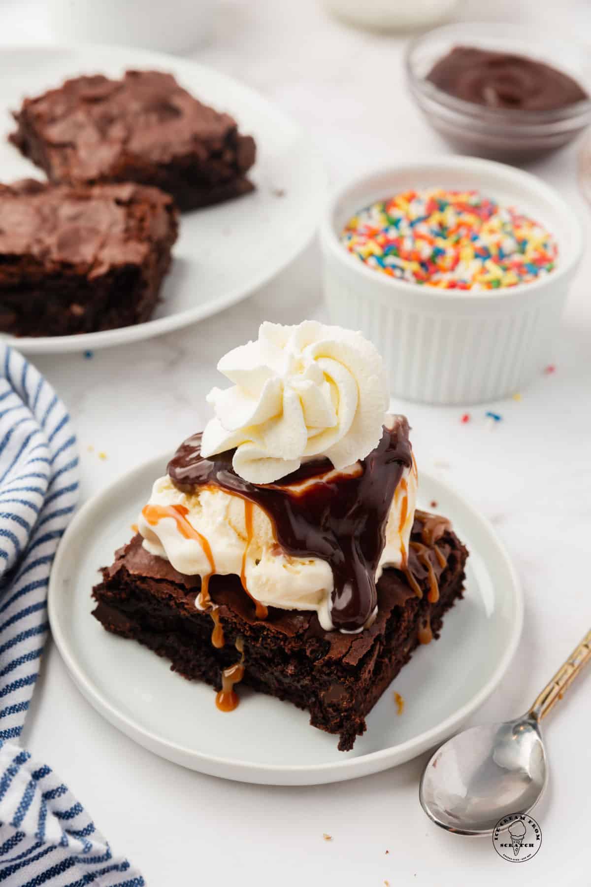 brownie a la mode with caramel, fudge, and whipped cream.