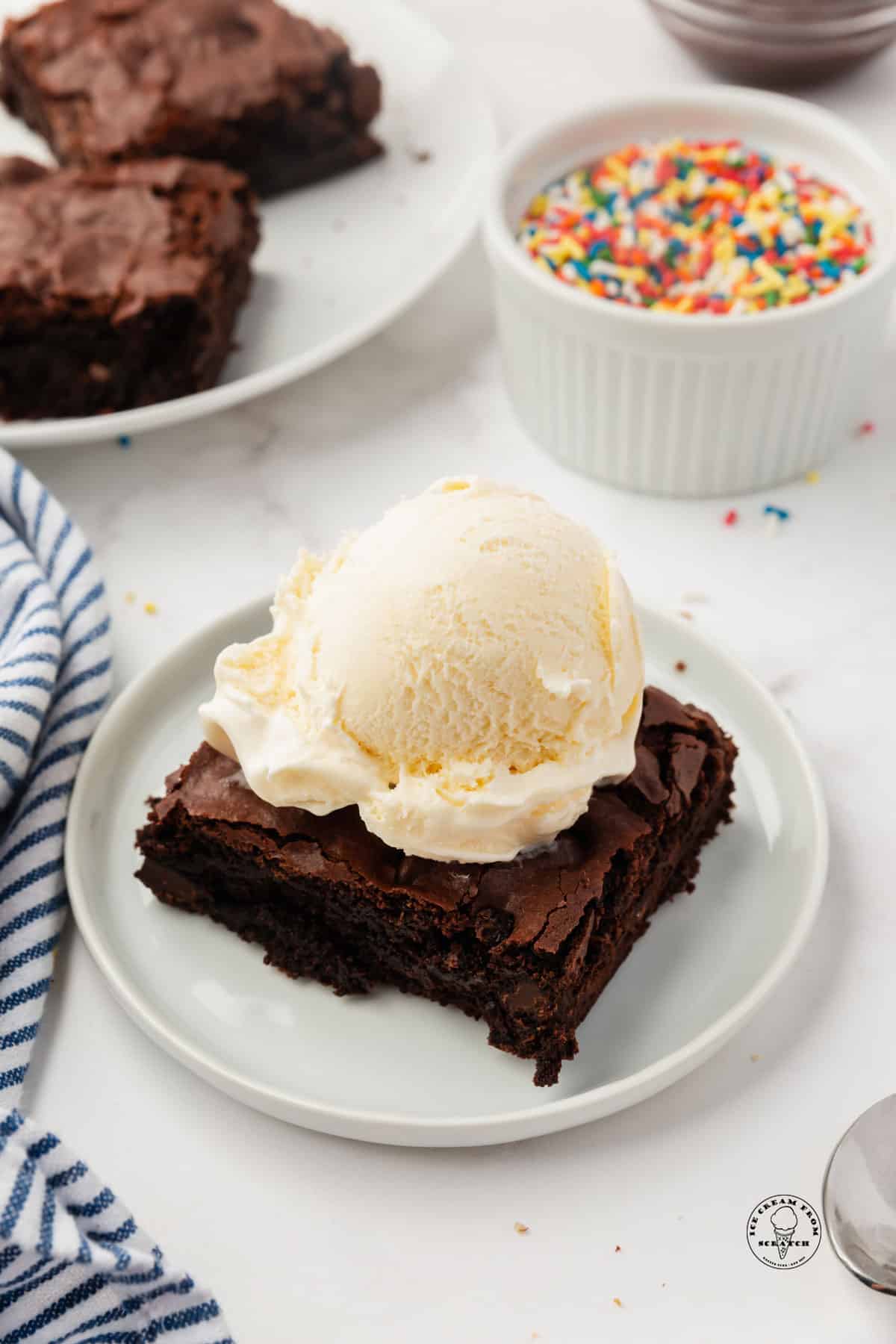 a chocolate brownie on a small plate with a scoop of vanilla ice cream on top. In the background is a bowl of sprinkles.