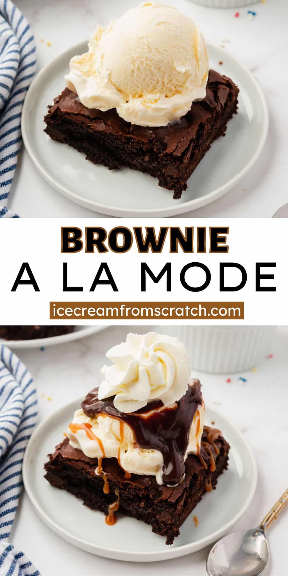 An image of a brownie a la mode and an image of a brownie a la mode sundae. Text in center says "Brownie a la mode"