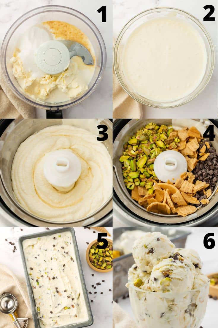 A collage of six images showing how to make cannolli ice cream in an ice cream machine packed with mix ins of nuts, cannoli shells and chocolate chips.