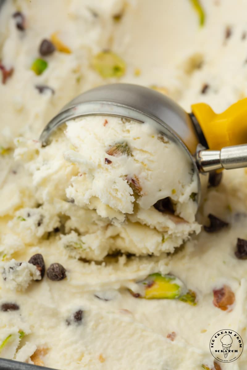 closeup shot of homemade cannoli ice cream recipe being scooped with a yellow handled steel ice cream scoop