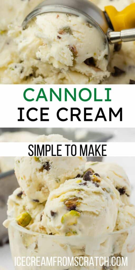 Two images of homemade cannoli ice cream. text in center says "cannoli ice cream, simple to make"