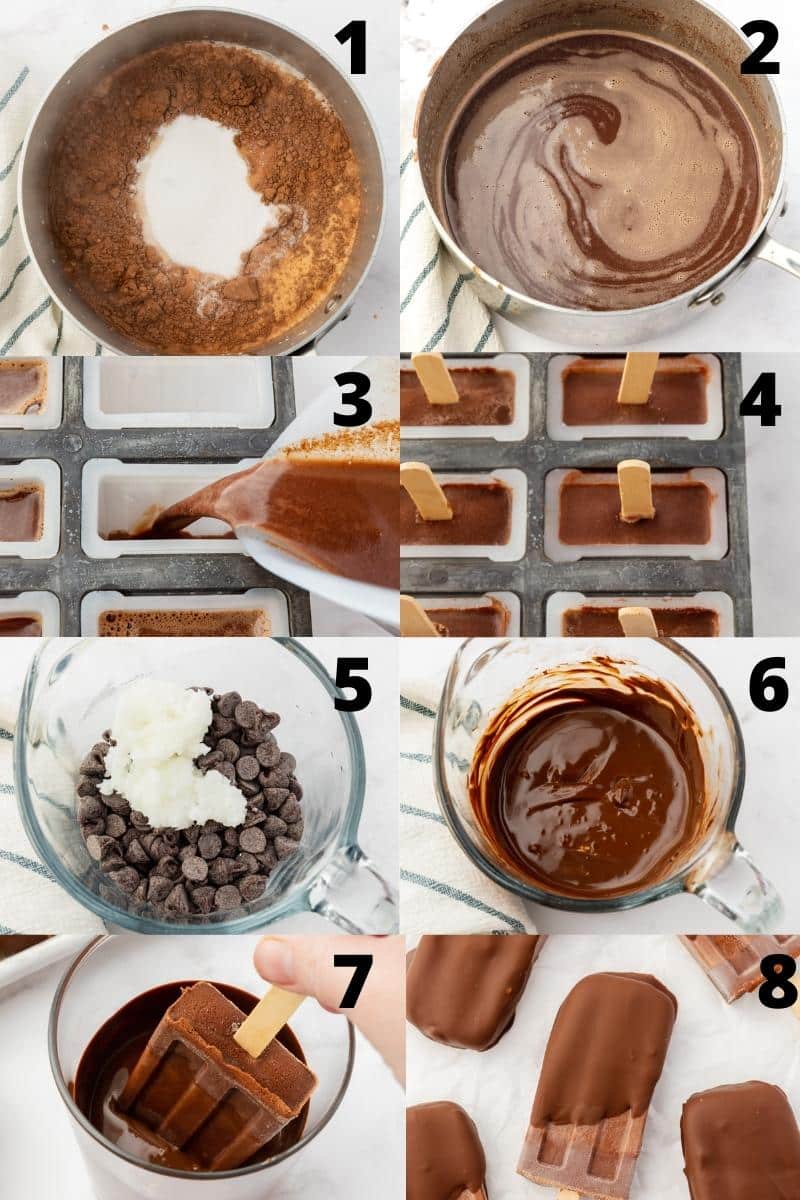 a collage of 8 images showing how to make chocolate ice cream bars and dipping them in chocolate.