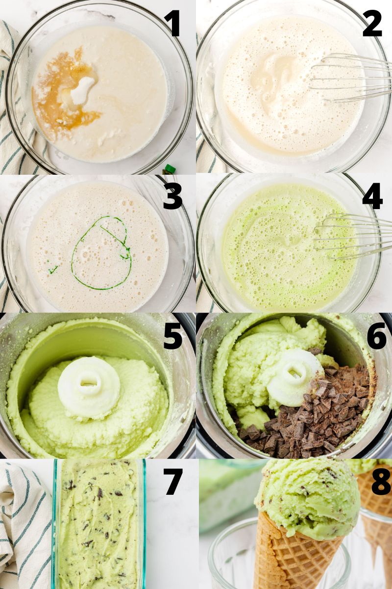 a collage of 8 images showing how to make coconut mint ice cream.