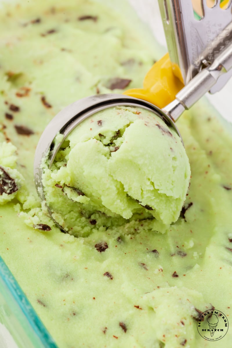a metal ice cream scoop scooping homemade green coconut mint ice cream from a glass pan.