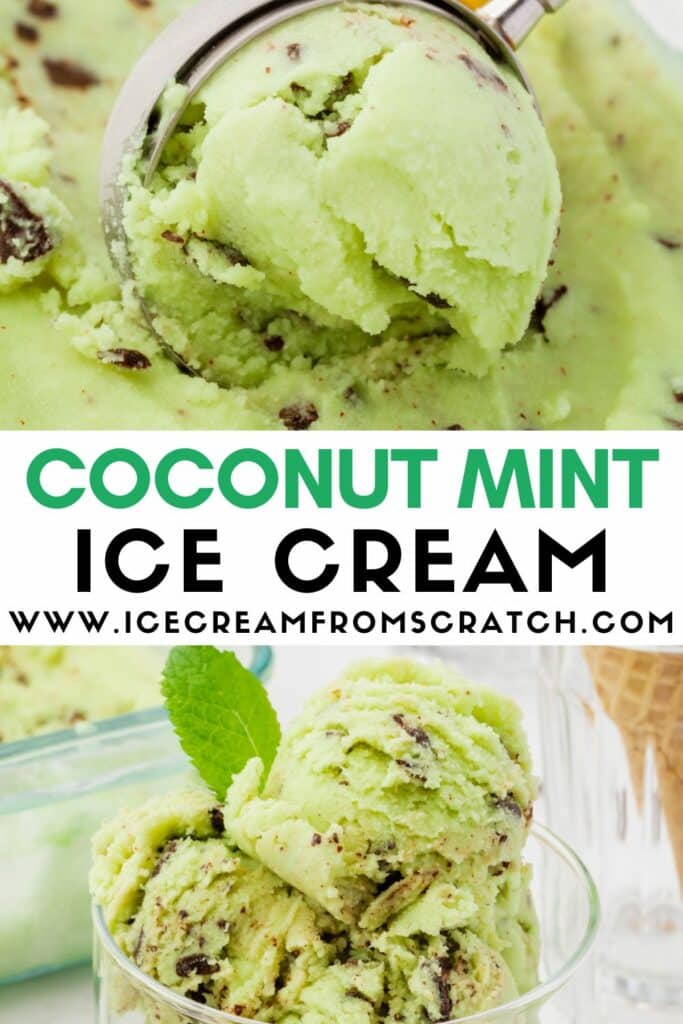 two photos of green ice cream with chocolate chips. Text in between says "coconut mint ice cream" in green and black capital letters.