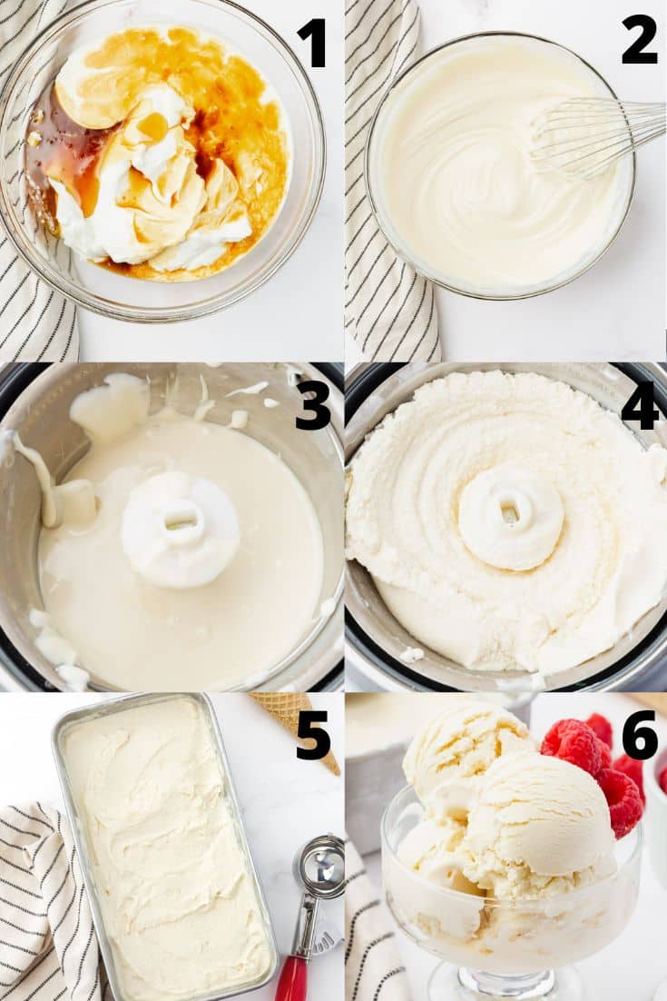 6 photos of the steps needed to make this frozen yogurt recipe in an ice cream maker.