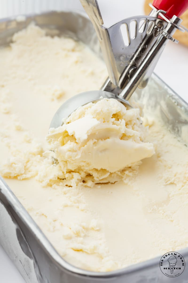 a metal pan filled with homemade frozen yogurt. A metal ice cream scoop is creating a scoop