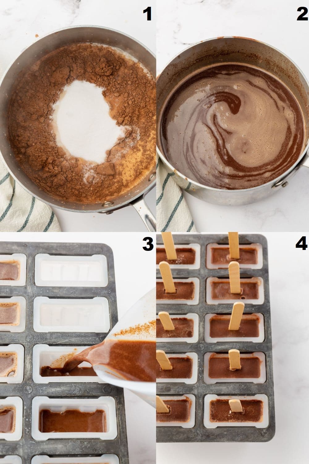 a collage of four images showing how to make fudgesicles on the stove and with a classic popsicle mold.