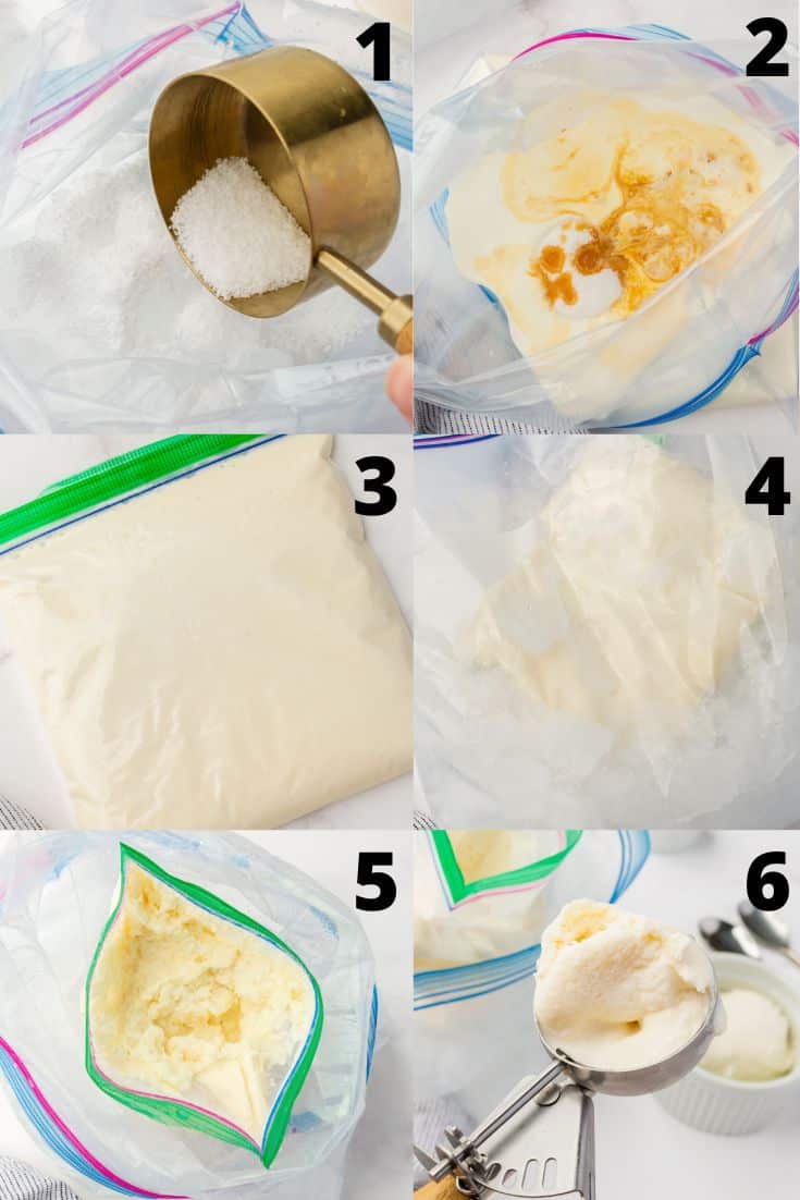 a collage of six images showing the steps needed to make homemade ice cream in a bag