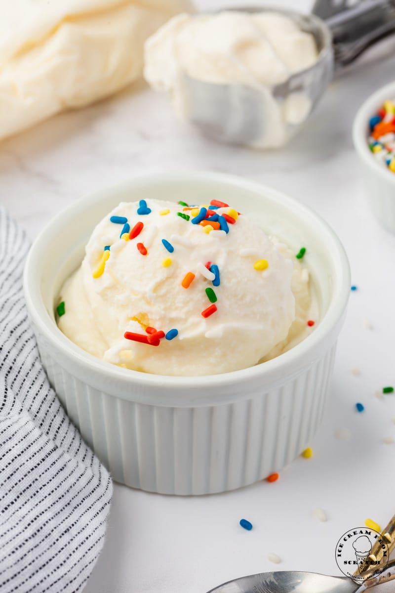 a small ramekin with a scoop of vanilla ice cream, topped with rainbow sprinkles. In the background is a plastic bag of vanilla ice cream and an ice cream scoop.
