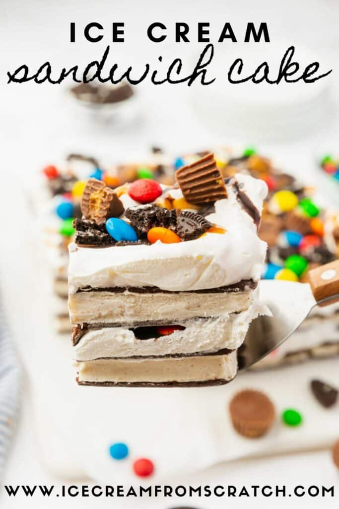 a square piece of ice cream sandwich cake being removed from the rest of the cake with a spatula. The slice has layers of ice cream sandwiches and cool whip, and is topped with candy and oreo pieces. Text at top of images says Ice Cream in block letters and "sandwich cake" in cursive script.