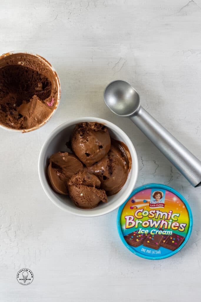Little Debbie Ice Cream Cosmic Brownies Ice Cream scooped into a bowl