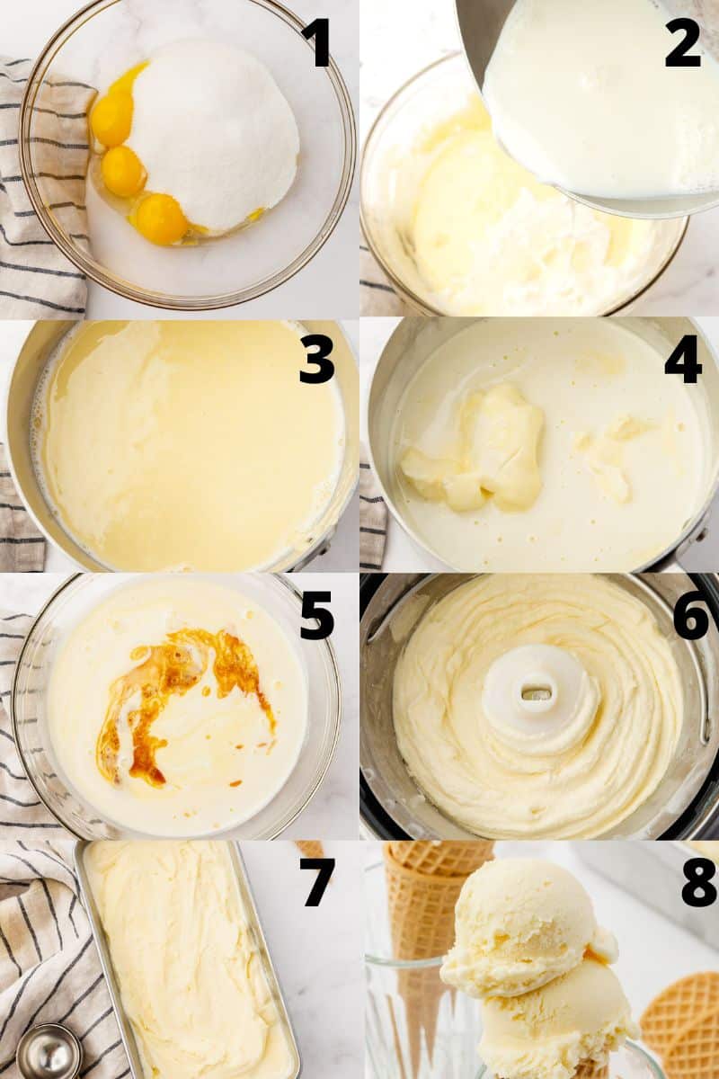 a collage of 8 images showing the steps to take to make ice cream with mascarpone cheese in an ice cream maker.