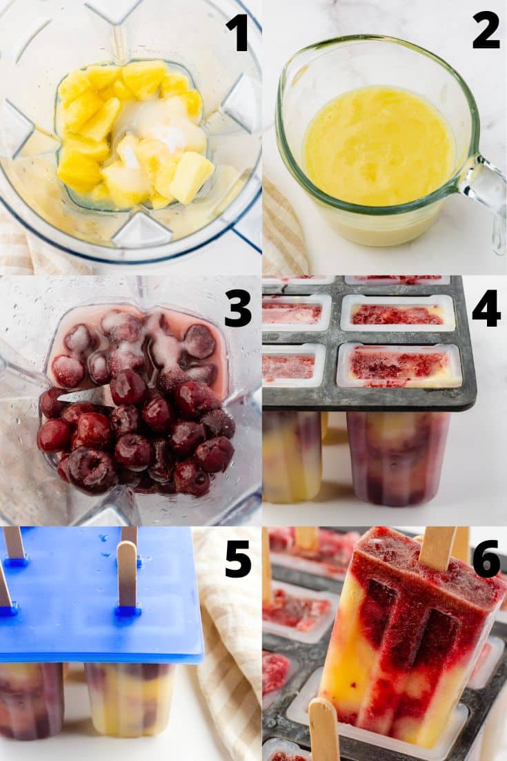 a collage of 6 images showing how to make pineapple cherry popsicles from scratch using a blender and a classic popsicle mold.