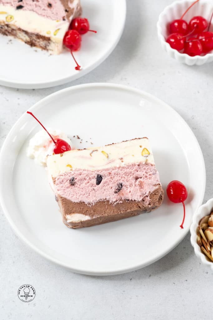 top down view of a slice of spumoni ice cream