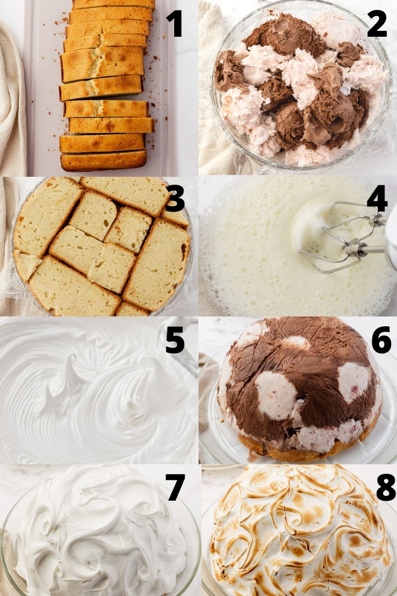 A collage of 8 images showing step by step how to make baked Alaska with pound cake and ice cream.