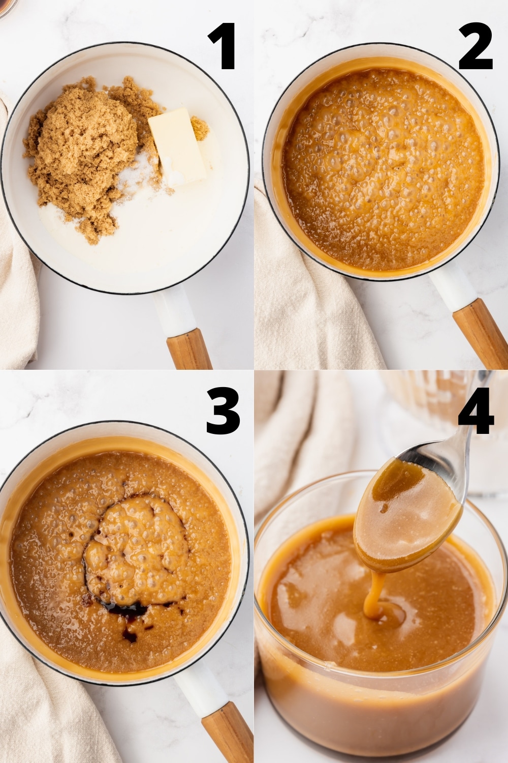 a collage of four images showing how to make caramel sauce from scratch in a saucepan.