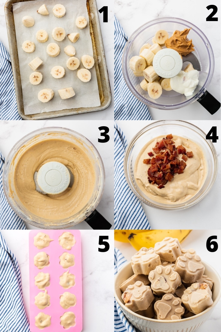 A collage of six images shoing how to make dog ice cream with bananas and bacon