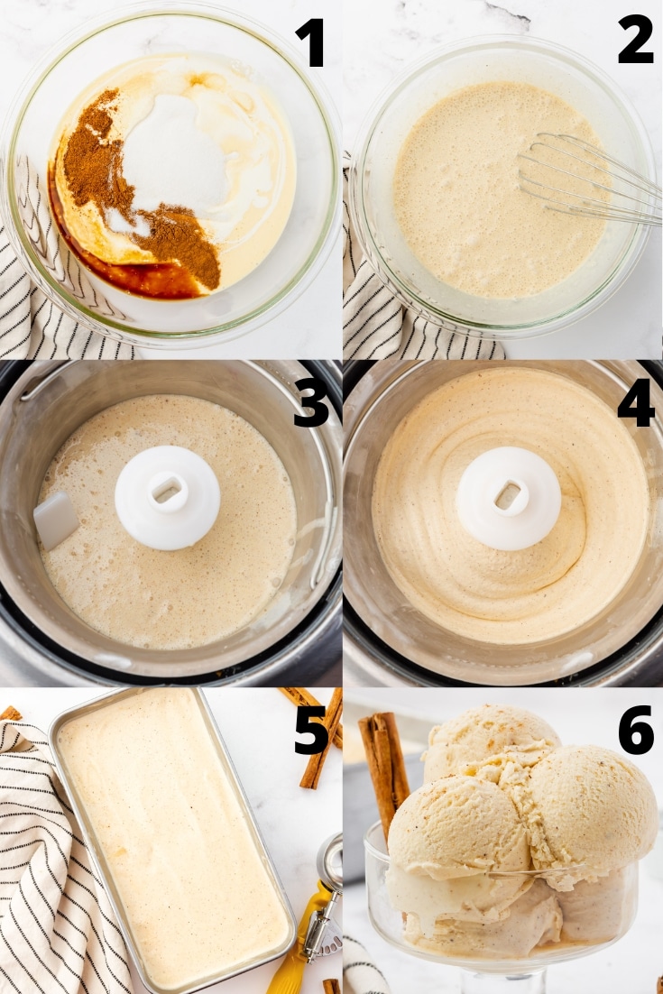 a collage of six numbered images showing the steps how to make eggnog ice cream from scratch in an ice cream maker.
