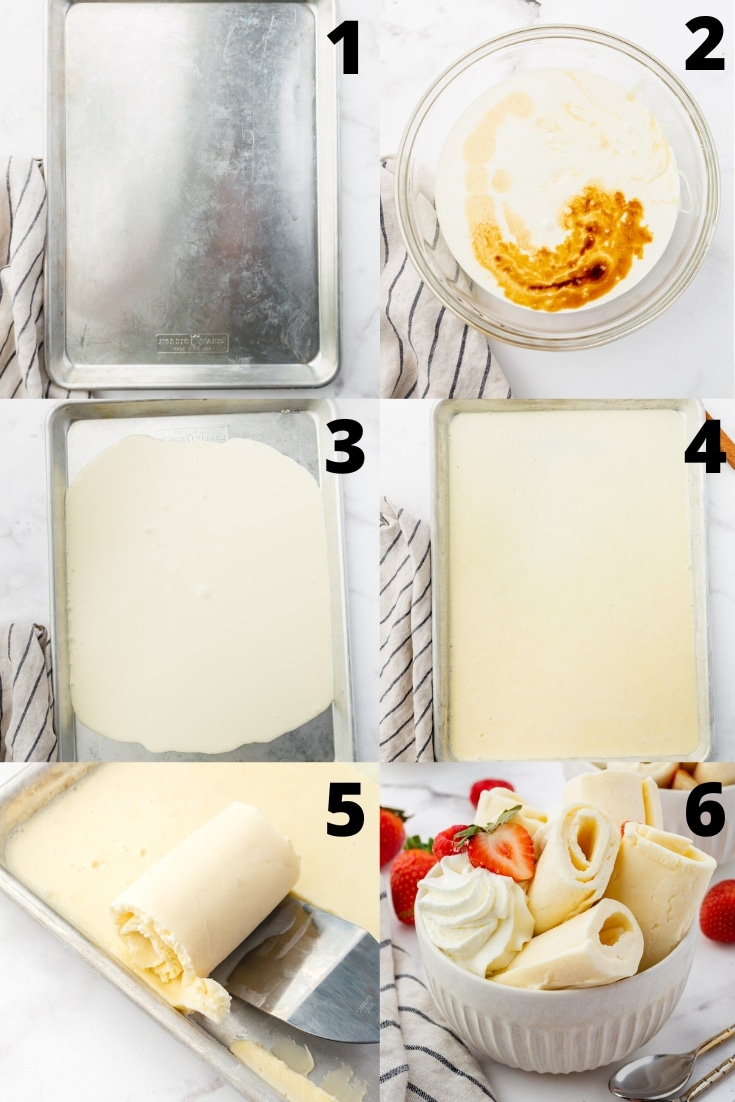 a collage of six images showing how to make rolled ice cream from scratch.