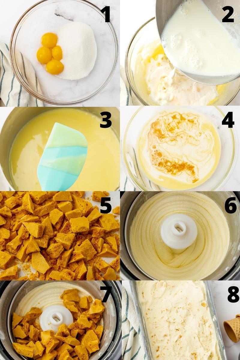 a collage of 8 numbered images showing how to make hokey pokey ice cream at home.