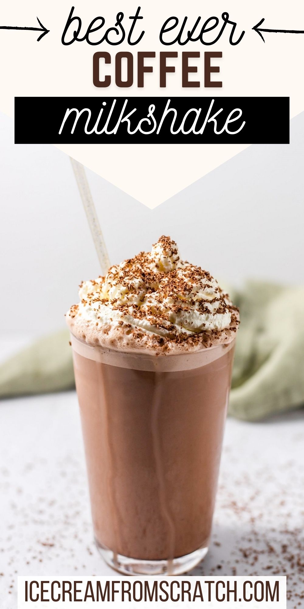 A pint glass filled with a coffee milkshake with whipped cream and chocolate shavings. Text at top of image says "best ever coffee milkshake"