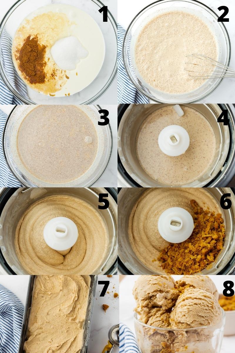a numbered collage of 8 images showing how to make cookie butter ice cream from scratch in an ice cream maker.