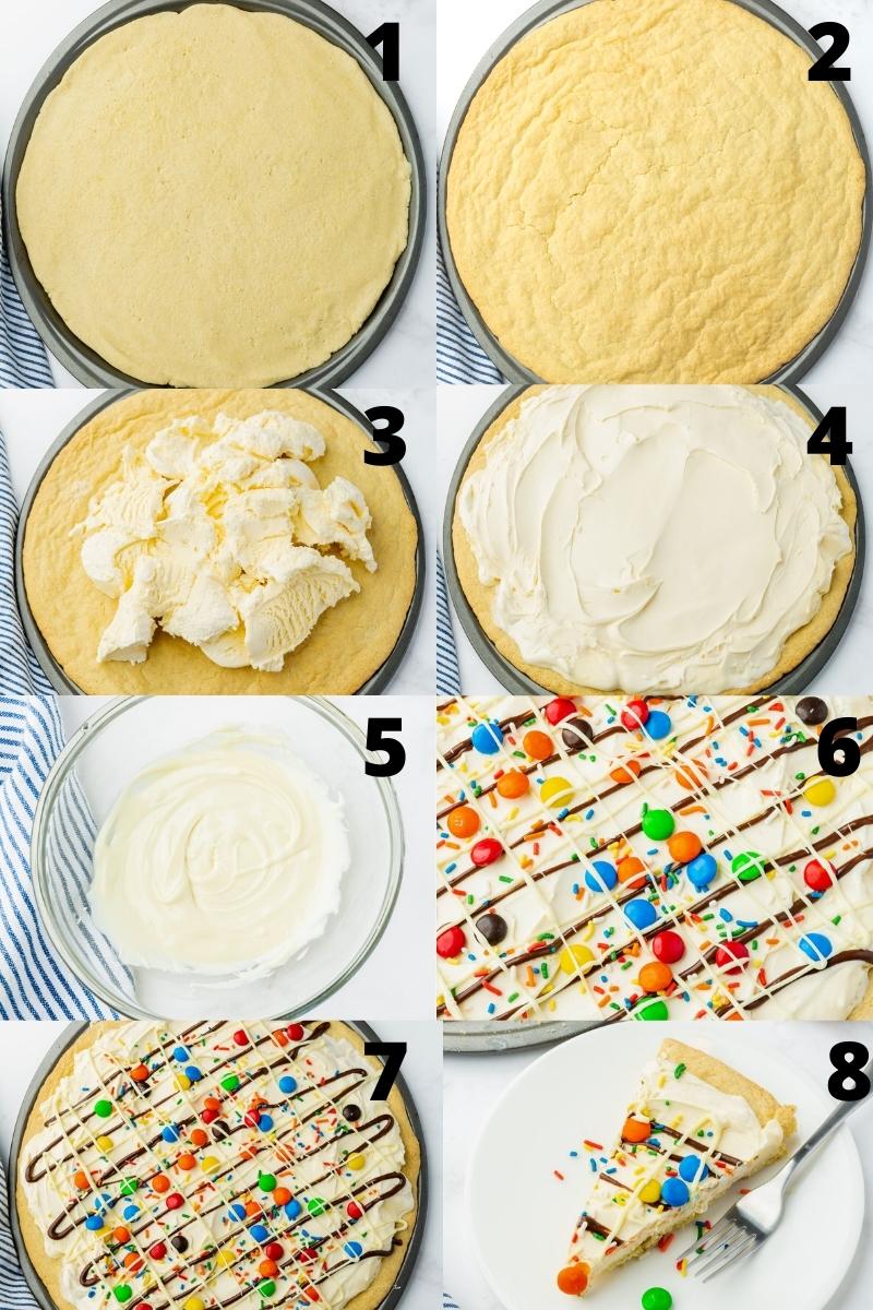 a collage of 8 numbered images showing how to make an easy ice cream pizza with a cookie crust.