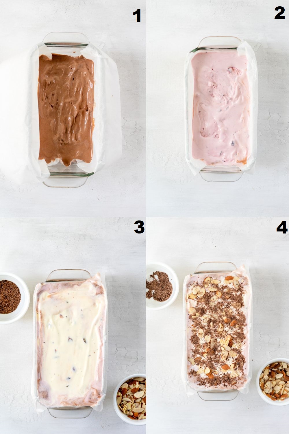 a collage of four images showing how to layer flavors of ice cream to make spumoni