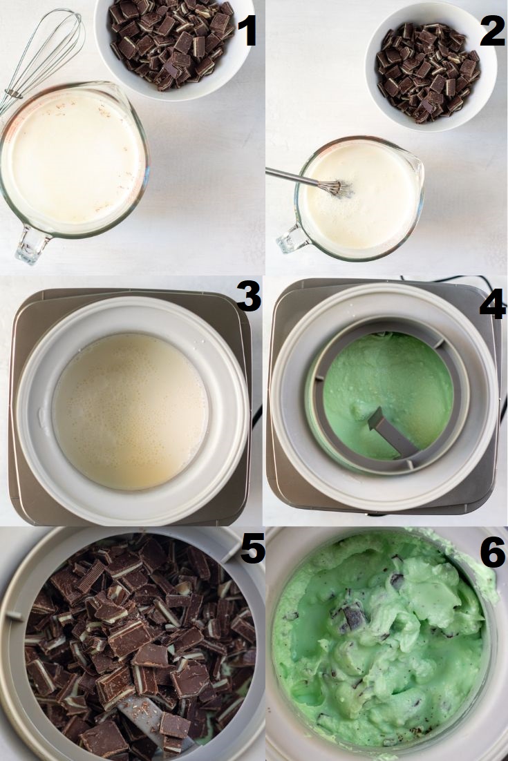 a collage of six numbered images showing how to make andes mint ice cream in an ice cream maker.