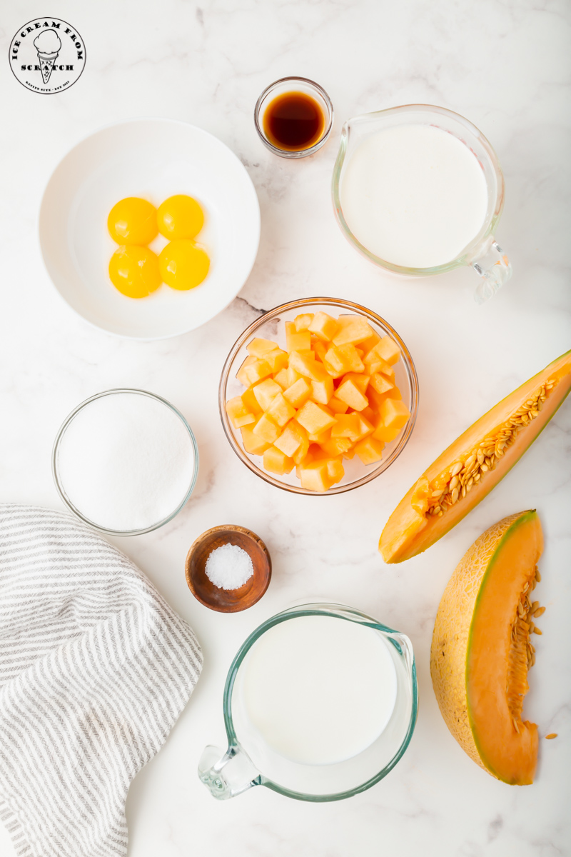 The ingredients needed to make homemade ice cream with cantaloupe melon.