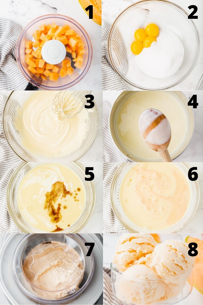 A collage of 8 images showing how to make cantaloupe ice cream from scratch.