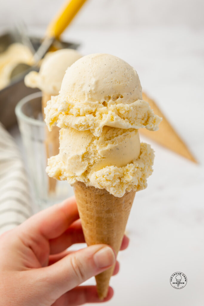 A hand holding a sugar cone topped with two scoops of custard ice cream with vanilla bean specs.