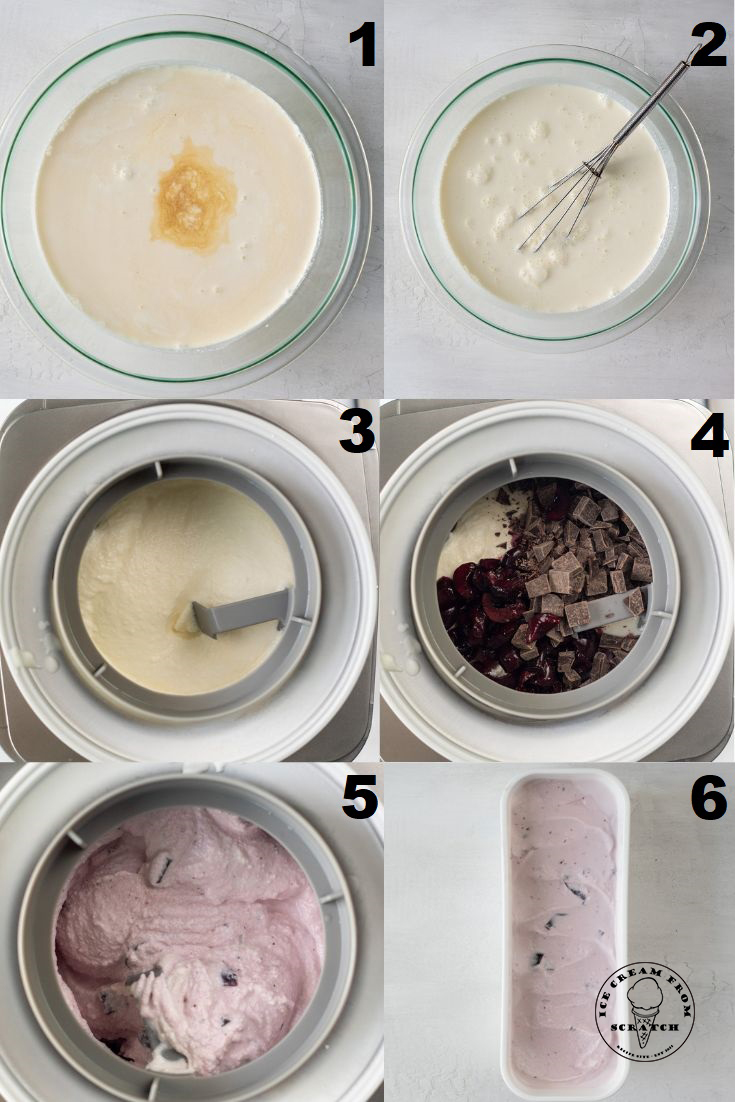 a collage of six images showing how to make amaretto ice cream in an ice cream maker.