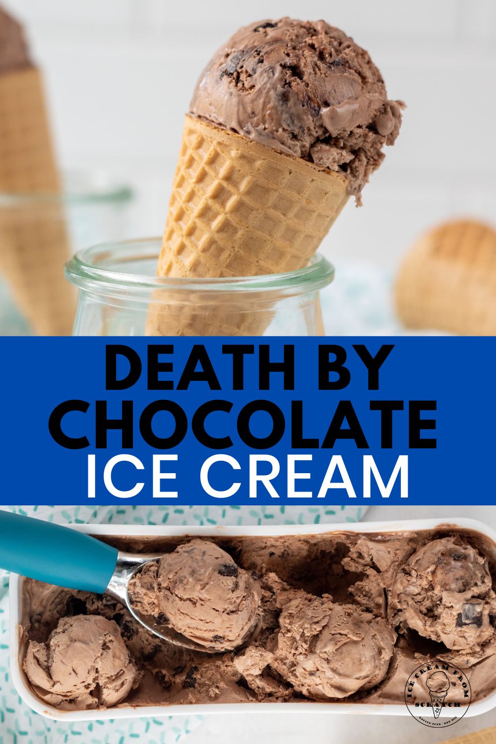 two images of double chocolate ice cream. Text overlay in center in a blue box says "death by chocolate ice cream"