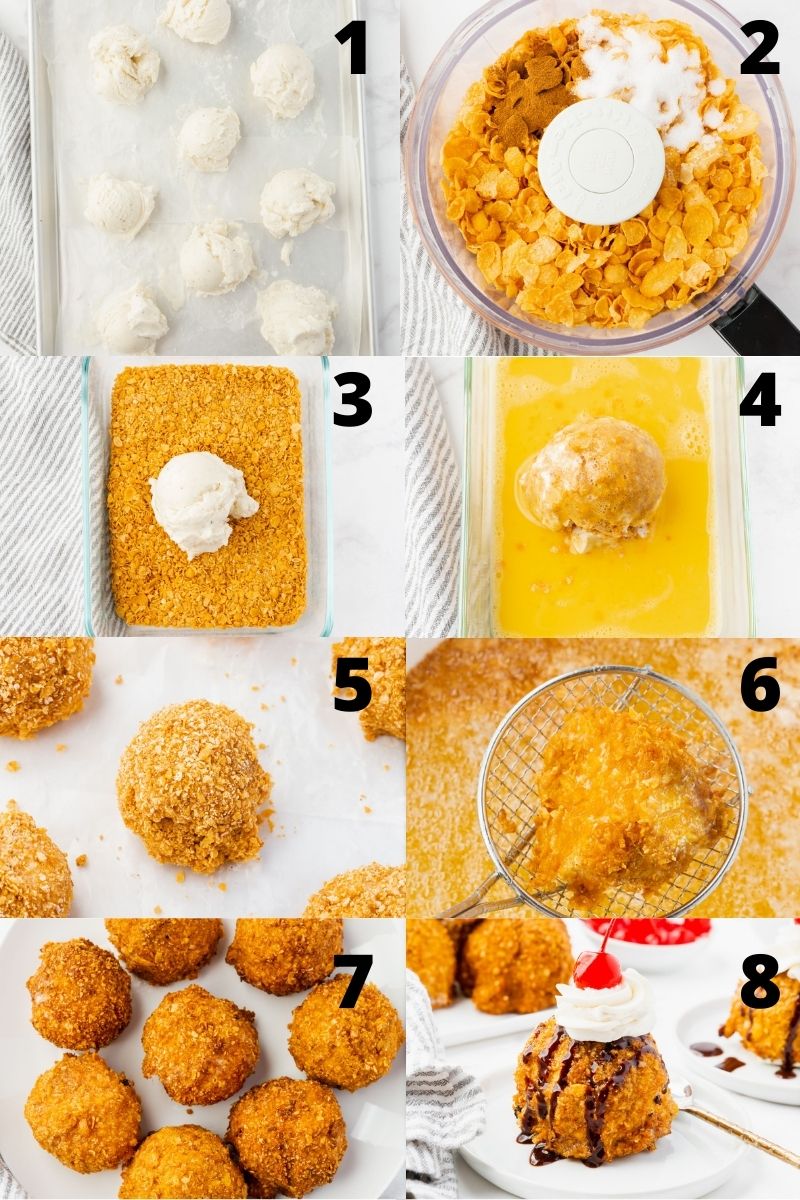 a collage of 8 images showing the steps needed to make fried Mexican ice cream.