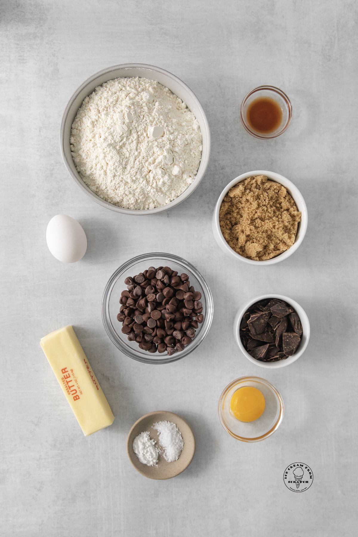 The ingredients needed to bake a pazookie with chocolate chips and chocolate chunks.
