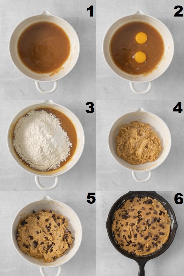 A collage of 6 images showing how to make pazookie in a cast iron pan.