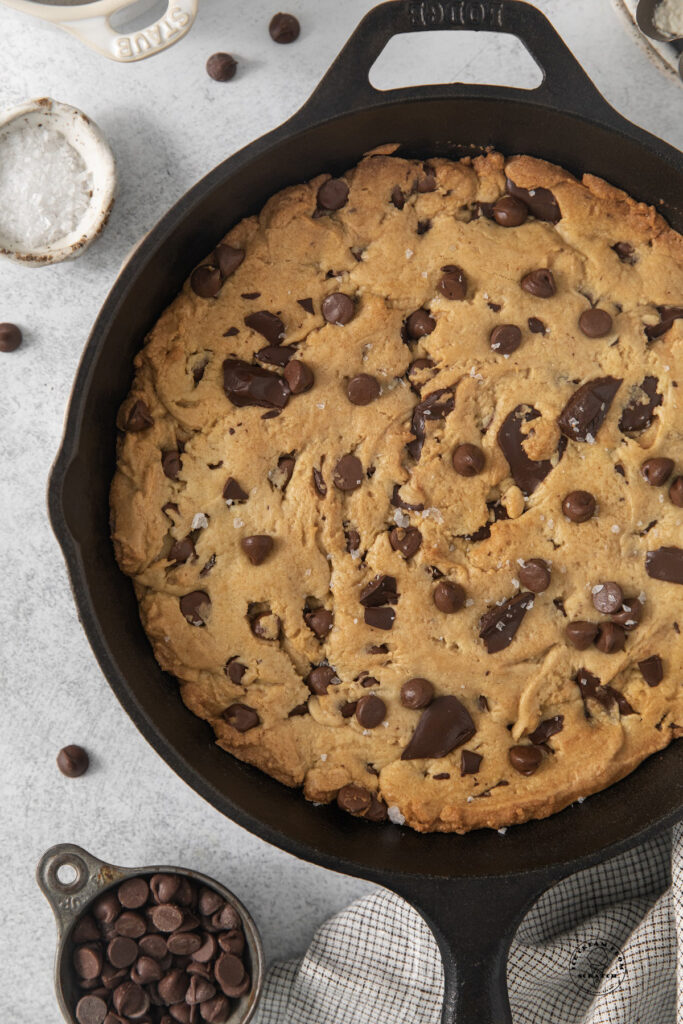 baked pazookie pizza cookie in a frying pan.