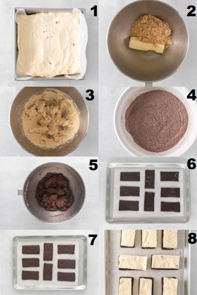 A collage of 8 images showing how to make homemade ice cream sandwiches filled with butter pecan ice cream.