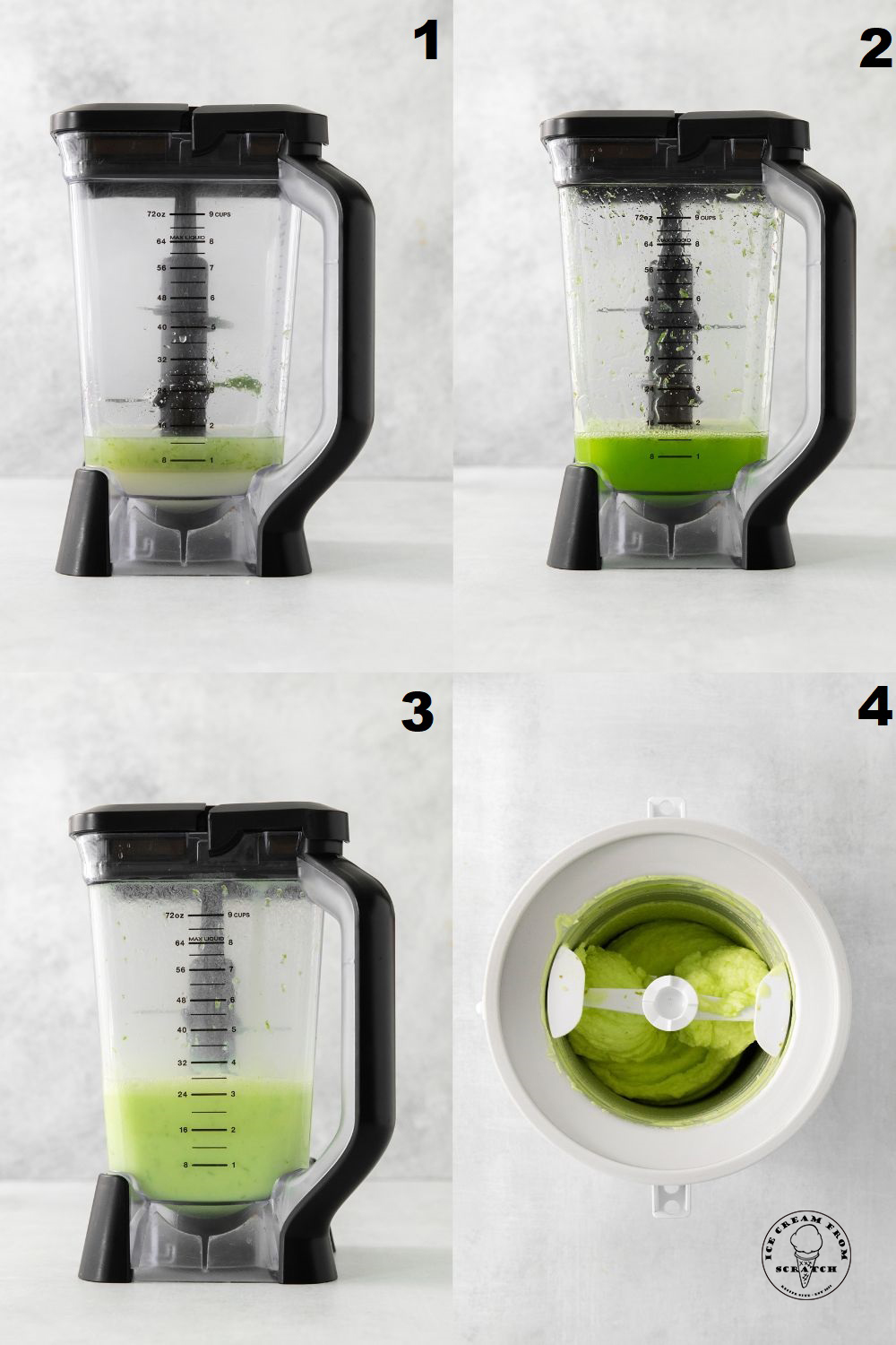 a collage of four numbered images showing how to make lime sherbet using a blender and an ice cream maker.
