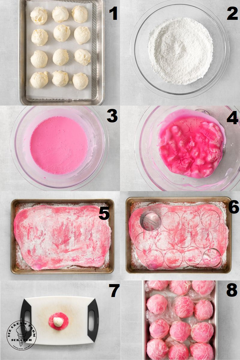 a collage of 8 images showing how to make mochi ice cream from scratch