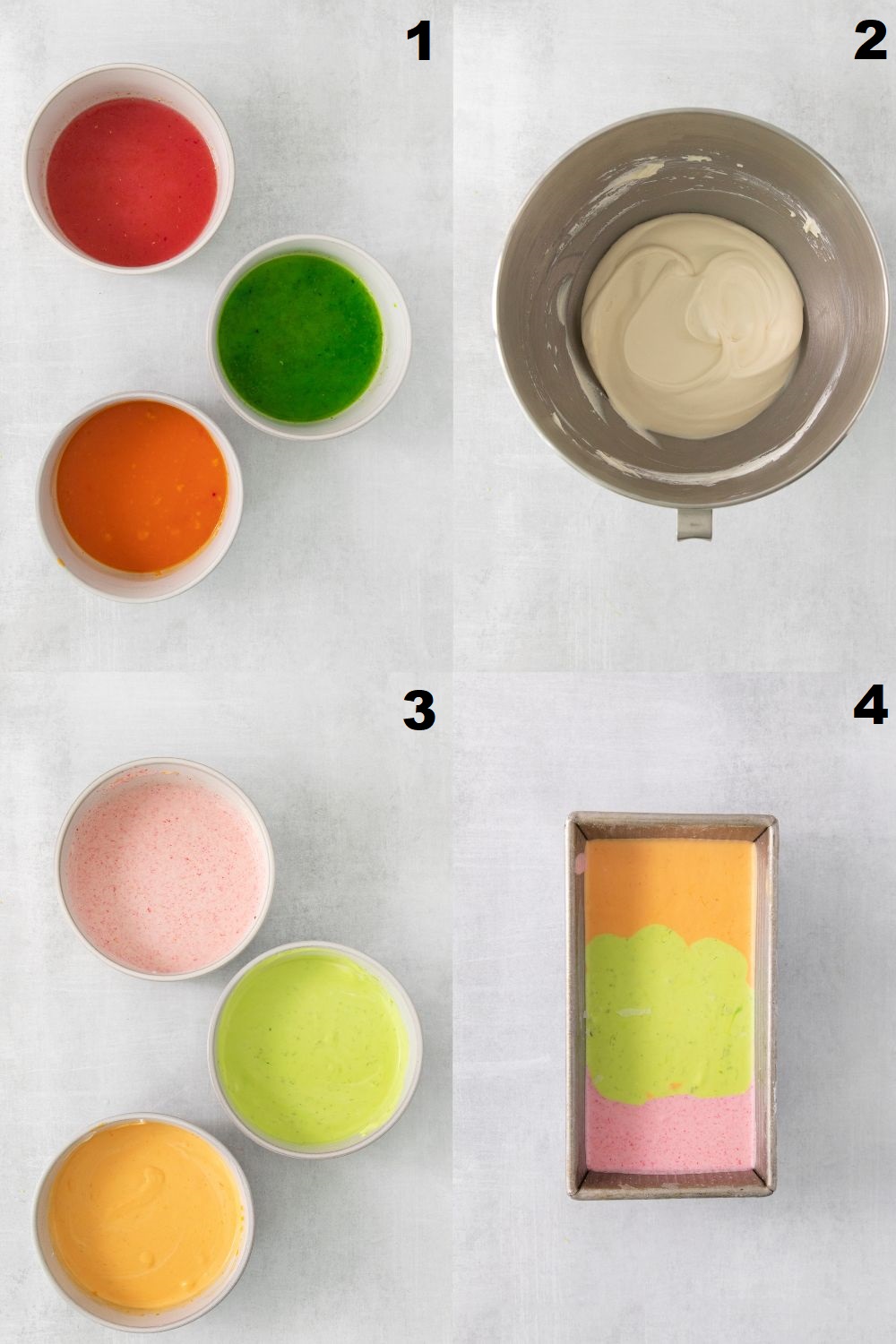 A collage of four images showing the steps for making homemade rainbow sherbet.