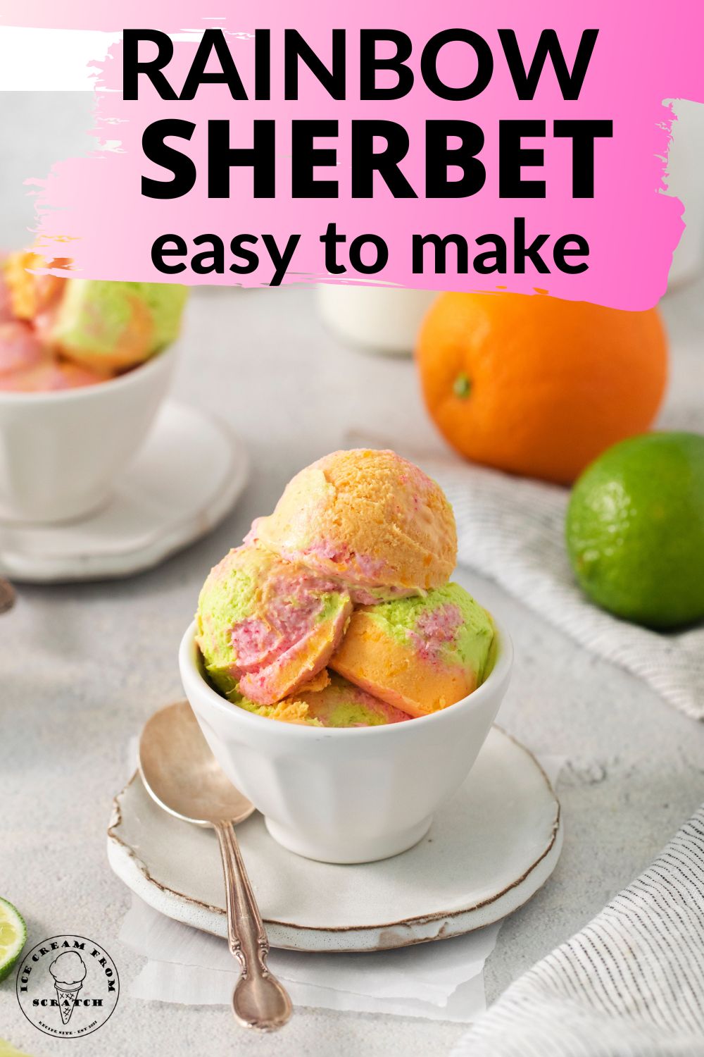 a white ceramic bowl filled with scoops of rainbow sherbet. Text overlay at top of image in black letters over pink says "rainbow sherbet easy to make"