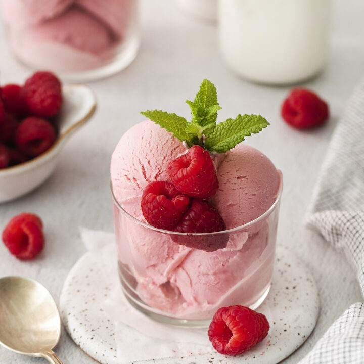 a short glass cylindrical bowl filled with scoops of homemade raspberry sorbet and garnished with fresh berries and a sprig of mint.